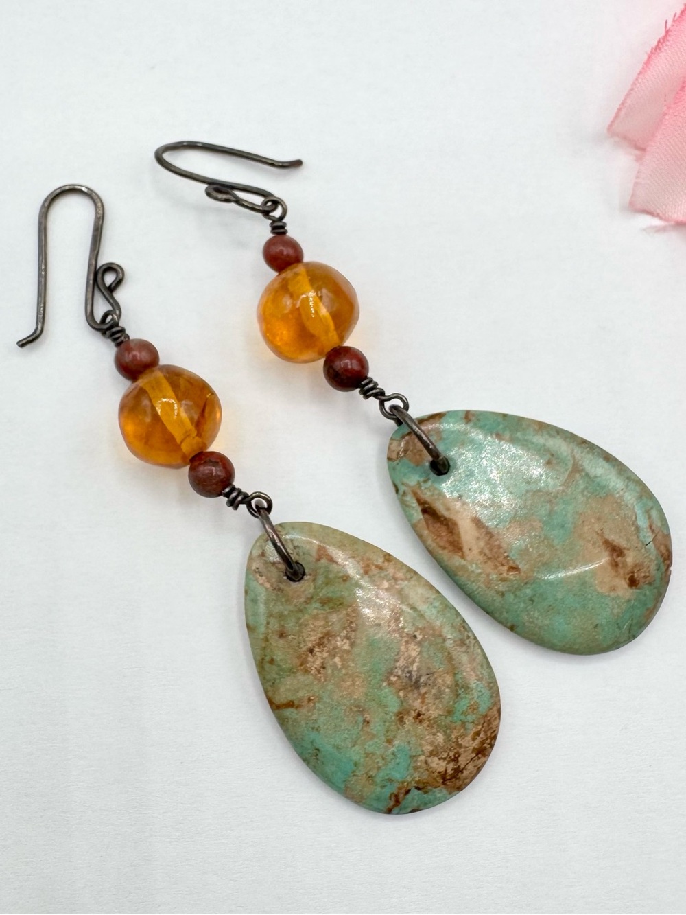Southwestern Turquoise Amber Ox Silver Wire Dangle Earrings Festival Boho Tested